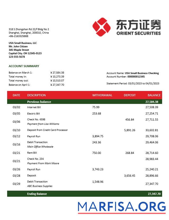 Realistic Orient Securities business bank statement Word and PDF template